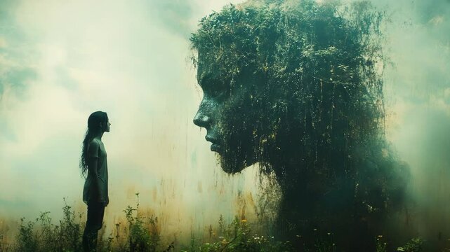 A person standing in front of a giant head