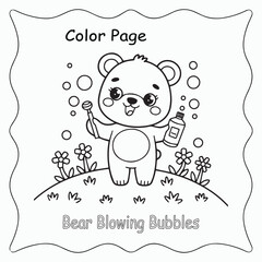 Cute Bear Blowing Bubbles Coloring Page for Kids – Printable Animal Activity Sheet