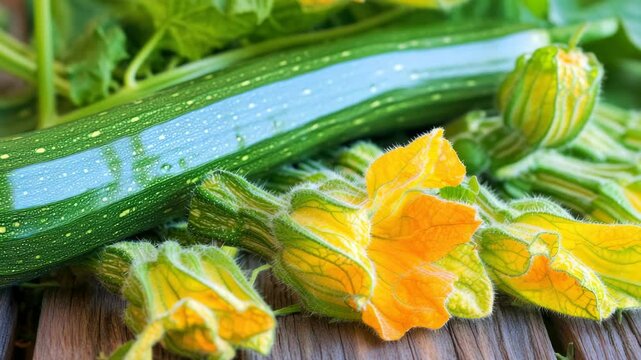 A green zucchini is next to a bunch of yellow flowers. The zucchini is cut in half and the flowers are in full bloom. Concept of freshness and abundance
