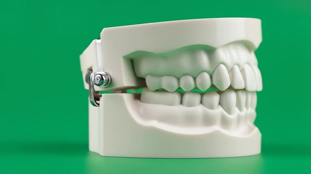Close-up of a white anatomical model of human teeth and jaw, showcasing both upper and lower dental arches with a metal hinge, set against a vibrant solid green background