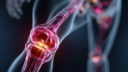 Futuristic human musculoskeletal system with highlighted red joints