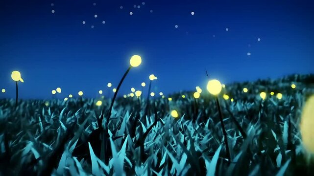 Magical Night Scene of Glowing Fireflies Above Grass Field Under Starry Sky