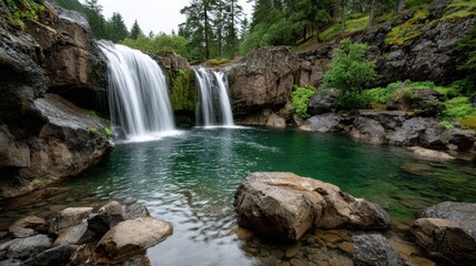 Fototapeta premium Serene forest waterfall cascading into pristine pool surrounded by lush green trees and rocky terrain