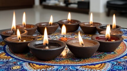 Lit clay diyas on vibrant mandala design for diwali celebration ambiance