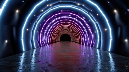 Futuristic neon tunnel with reflections and led lights in arched design