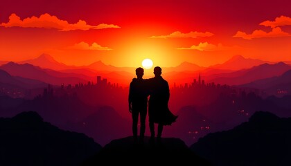 Obraz premium The fiery hues of the setting sun paint the sky in a breathtaking display of orange, red, and purple, casting long shadows across the urban landscape