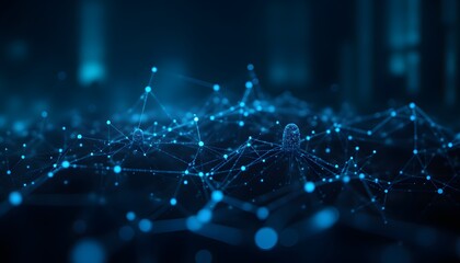 A complex network of interconnected geometric shapes forms a futuristic backdrop. Polygonal structures, composed of dots and lines, create a sense of depth and dimension