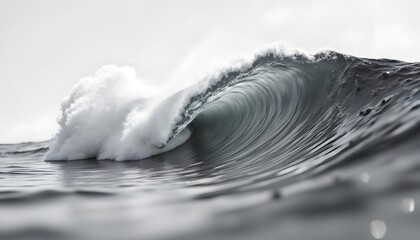 A fluid, grayscale representation of a surging wave form. The crest curls inward with a frothy, pixelated texture, transitioning into smoother gradients as it descends