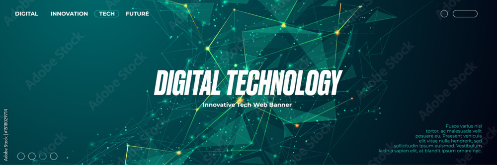 Poster Abstract green technology web banner with connected dots and thin lines wave. Plexus polygonal tech background. AI innovation concept. Digital tech bg is great for using as a cover, presentation, web