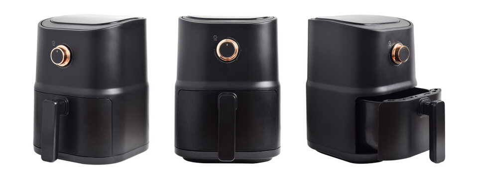 Set of Black Air Fryer isolated on white background. Deep fryer close up