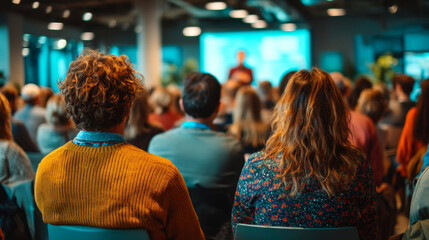 Seated audience paying attention to speaker in conference setting