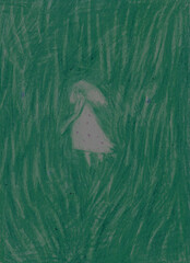 Dreamlike Crayon Drawing of a Girl in Tall Grass – Soft Pastel Illustration