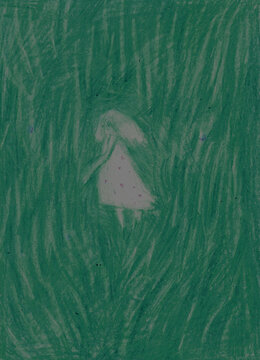 Dreamlike Crayon Drawing of a Girl in Tall Grass &ndash; Soft Pastel Illustration