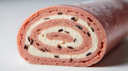 A rolled dessert roulade slice in sharp focus against a plain white background – roulade wallpaper – bakery wallpaper – roulade image

