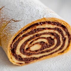 A light and fluffy roulade cake slice on a white background in close-up – roulade wallpaper – bakery wallpaper – roulade image

