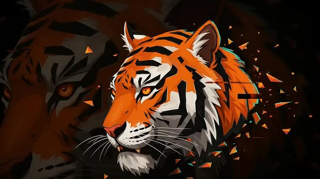 Fierce tiger illustration breaking through a dark background with dynamic shards, symbolizing strength