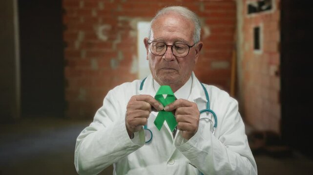 Senior man doctor holding green ribbon at construction site indoors wearing uniform for awareness campaign. - Powered by Adobe