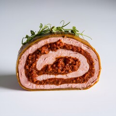 A perfectly sliced roulade roll with creamy swirl, on a bright white backdrop – roulade wallpaper – bakery wallpaper – roulade image

