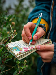 Close-up of child's hands writing in notebook while standing among leafy plants outdoors