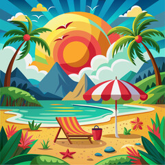 Vibrant vector illustration of tropical beach at sunset with striped umbrella sun lounger palm trees colorful sky mountains and ocean in cheerful summer holiday concept with bright cartoon style
