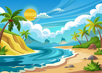 Vector illustration of tropical island beach with palm trees waves and mountains under bright sunny sky with fluffy clouds in vibrant colorful style showing peaceful summer vacation coastal landscape
