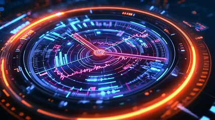 Futuristic digital dashboard displaying vibrant data metrics and time in a high-tech environment - Powered by Adobe