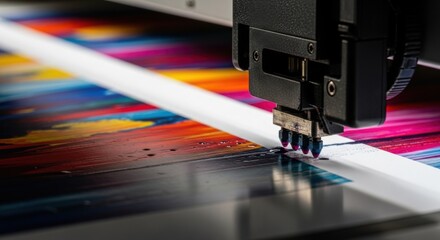 Close up of an industrial printer head applying vibrant ink colors to create a colorful design