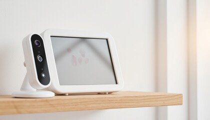 Smart home device displaying information on a wooden shelf