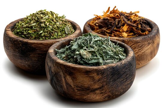 small bowls filled with dried Thai herbs, isolated on white background. Natural Herbal Medicine, spa and natural remedy  Concept - Powered by Adobe