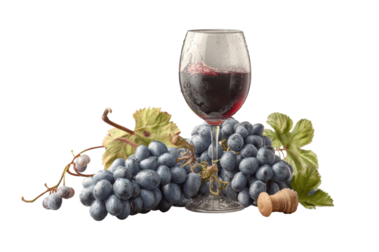 PNG Red wine glass with fresh grapes and cork on vine