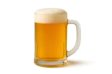 Refreshing golden beer with foam in glass mug on transparent background