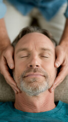 Close-up of man receiving face massage, eyes closed, peaceful expression, symbolizing relaxation, wellness, and spa treatment