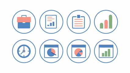 Business Icons Set Portfolio Graph Reports Clock Analytics Data Trends Office Strategy Progress Report and