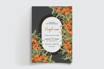 WEDDING INVITATION FRAME WITH FLOWER DECORATIONS AND FRESH LEAVES