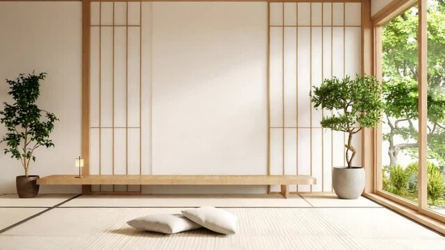 Serene Japanese room, tatami mats, garden view, zen design