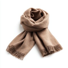 A light brown, rectangular wool scarf with fringed edges, softly folded and displayed against a white background