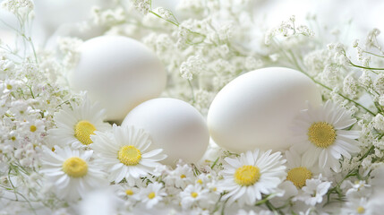 Delicate White Eggs and Fresh Daisies in a Charming Floral Arrangement, with Soft Petals and Natural Beauty