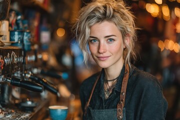 Friendly Young Barista in Coffee Shop Environment, Symbolizing Customer Service and Small Business Success, With a Warm and Inviting Atmosphere : Generative AI