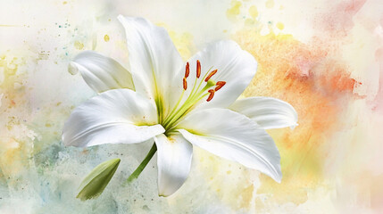 Delicate White Lily Watercolor Painting with Soft Pastel Background and Gentle Brushstrokes