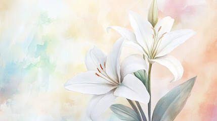 Delicate White Lily Watercolor Painting with Soft Pastel Background and Gentle Brushstrokes