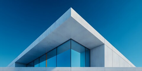 Obraz premium Minimalist modern facade: brushed aluminum, dark tinted glass, clean lines. Low angle, diagonal edge. Bright daylight, sharp shadows. Blue sky. Ultra-modern, photorealistic.