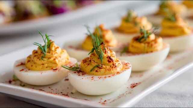 Delicious deviled eggs displayed on an elegant white plate.