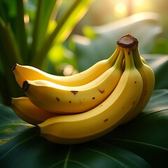 Bunch of Bananas on Tropical Green Leaf Backdrop in Sunlight