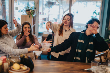 Four people interacting and laughing, creating a lively and cheerful atmosphere. The scene reflects friendship, joy, and active socializing, enjoying a relaxing time in a warm and welcoming setting.