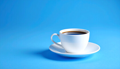 Obraz premium White cup of fresh coffee on blue background for minimalist morning vibes, cozy beverage visuals, and stylish café-inspired design aesthetics