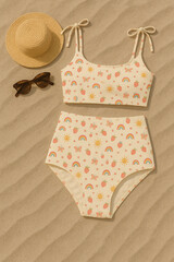 Essential summer beachwear laid out on the sand: a simple white sundress, a classic straw hat, and stylish sunglasses, ready for a sunny day by the sea.