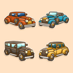 Retro car classic vehicle transportation cartoon collection set