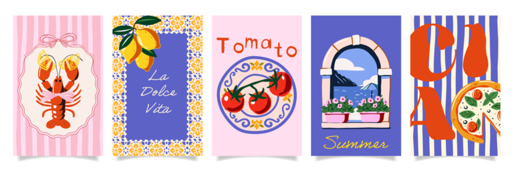 Italian summer postcard set with lobster, lemons, tomato, pizza, window view, coastal landscape, handwritten text, Mediterranean food and travel theme, colorful vector collection