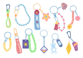 Cartoon Color Different Keychains and Keyrings Set Decorative Key Holder Concept Flat Design Style. Vector illustration