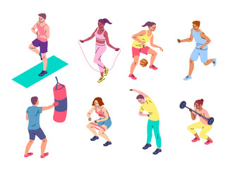 Cartoon Color Characters People and Physical Activities Concept Flat Design Style with Elements Thin Line. Vector illustration of Playing basketball, Jogging and Yoga